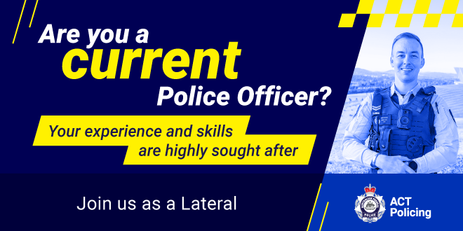 A picture of Snr Constable Michael Kelly in uniform. The text reads: Are you a current police officer? Your expeirence and skills are highly sought after. Join us as a lateral