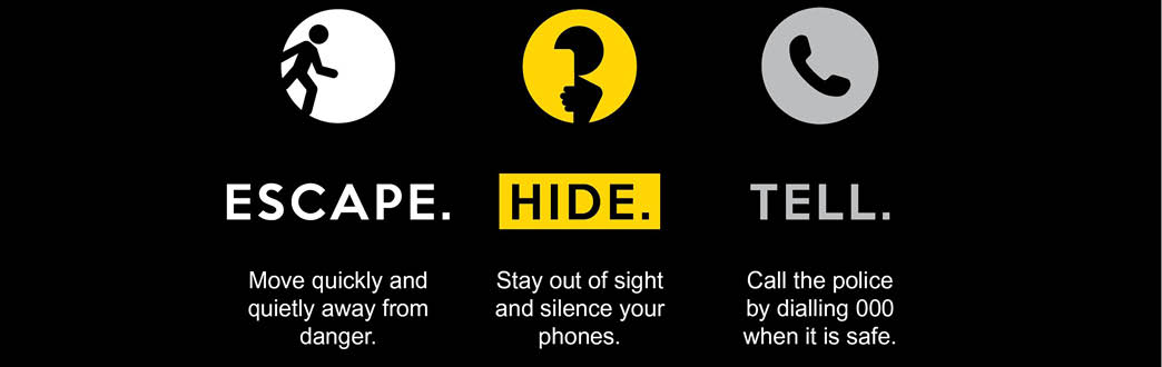 A graphic image of the words escape hide tell in black and yellow