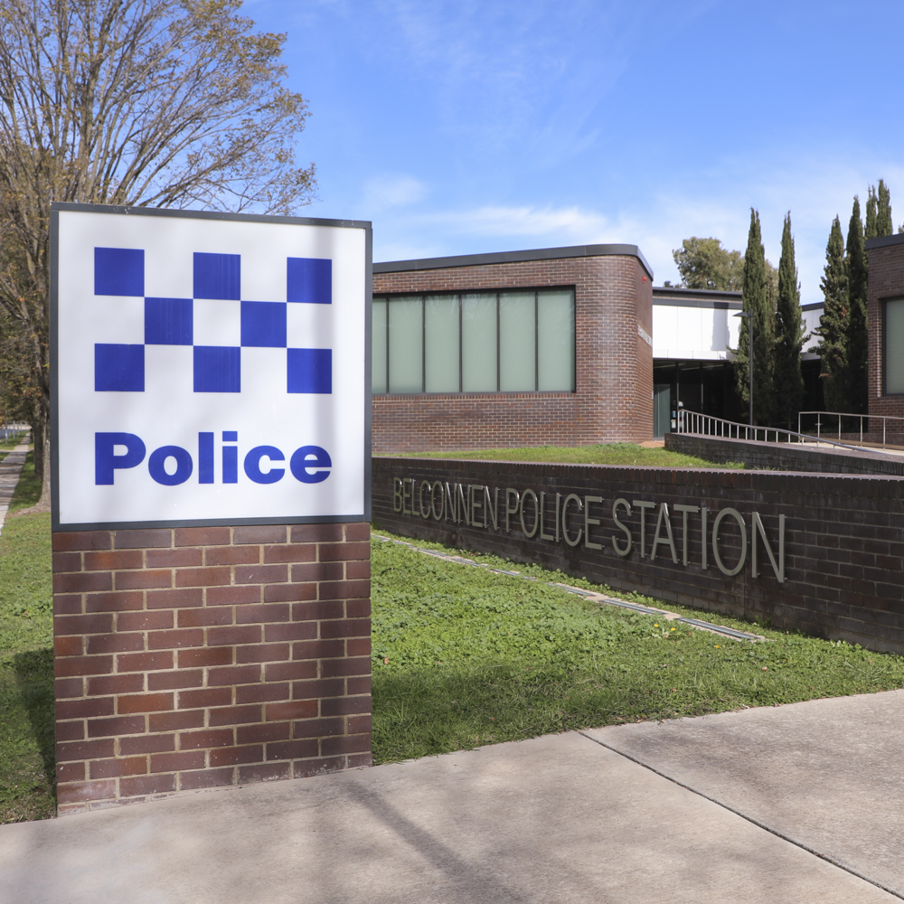 A picture of the front door of the Belconnen police station