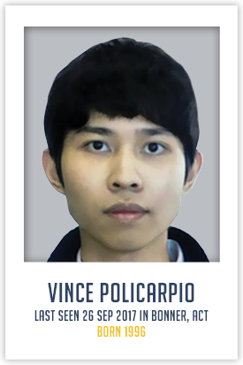 Image of a young Asian man's face with full short black hair.  His name is Vince Policarpio and has been missing since September 2017.