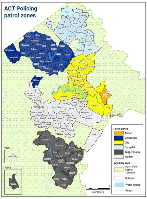 A map of ACT Policing&rsquo;s 6 patrol zones: Airport, Belconnen, City, Gungahlin, Tuggeranong and Woden.