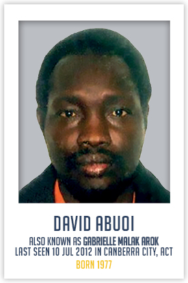 A close up facial image of a dark skinned man with a short shaven beard and moustache.  The man's name is David Abuoi also known as Gabrielle Malak Arok and he has been missing since July 2012.