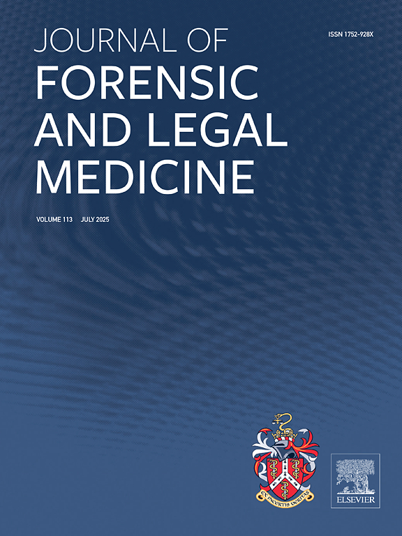 Front cover of the journal of forensic and legal medicine.  A blue background with logos in the bottom right corner